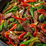 Delicious 30-minute steak stir fry served with colorful vegetables
