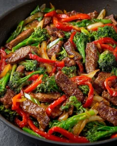 Delicious 30-minute steak stir fry served with colorful vegetables