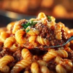 Bowl of quick and easy 4-ingredient goulash topped with parsley