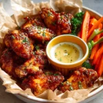 Crispy air fryer buffalo wings with blue cheese dip on a serving plate.