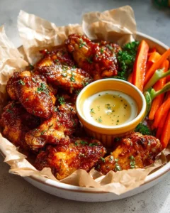 Crispy air fryer buffalo wings with blue cheese dip on a serving plate.