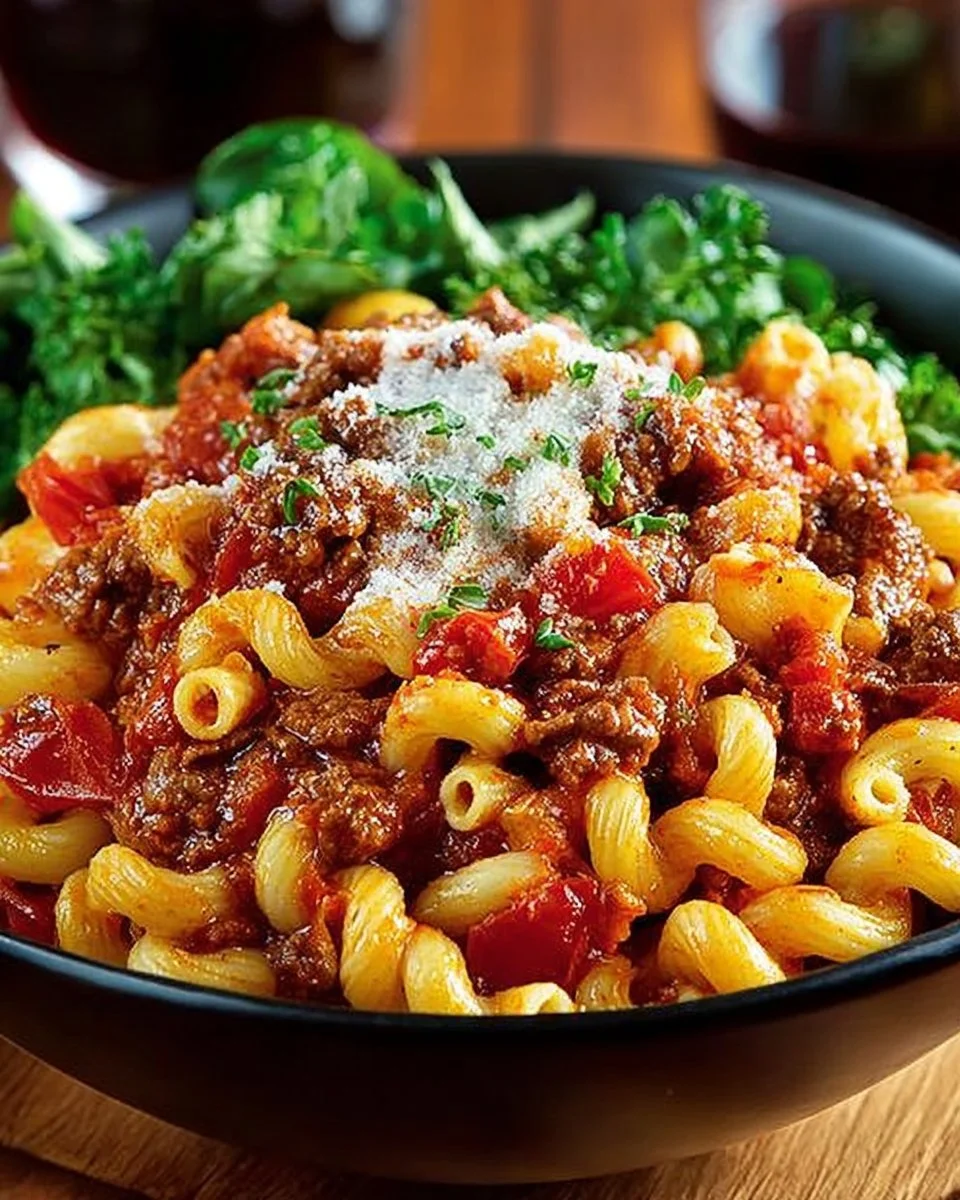 A bowl of delicious American Goulash with pasta, ground beef, and tomato sauce.