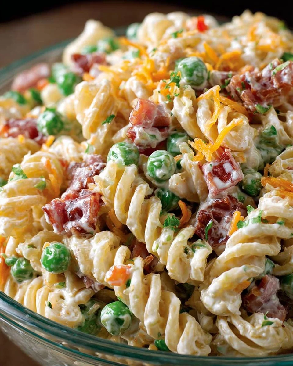 Bacon Ranch Pasta Salad with crispy bacon and fresh vegetables