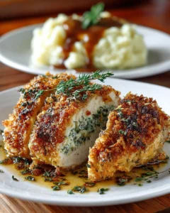 Baked Parmesan and Herb Crusted Chicken garnished with herbs