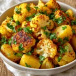 Vegan baked potato cauliflower dish served on a plate with fresh herbs