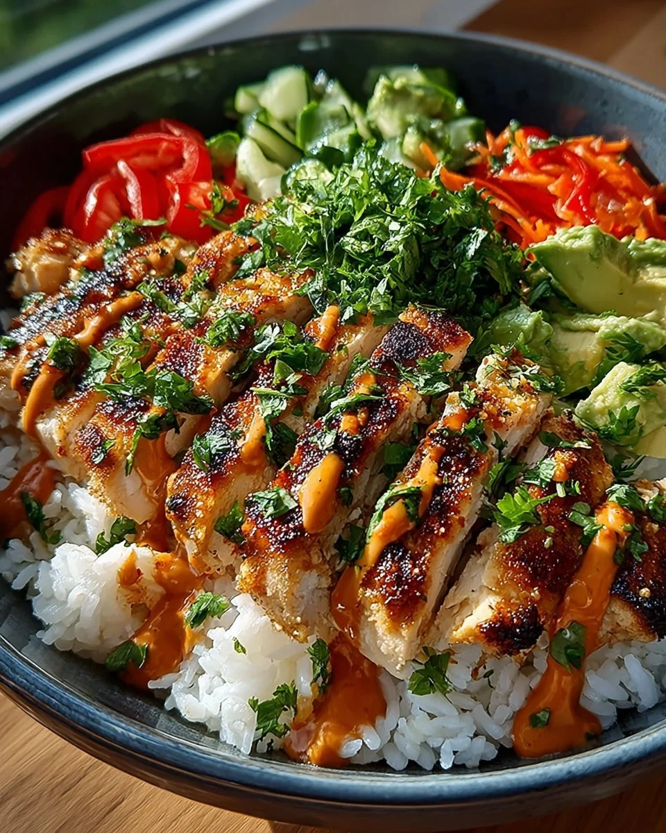 Delicious Bang Bang Chicken Bowl with spicy chicken and creamy sauce.