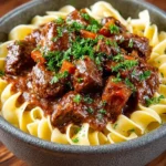 Delicious bowl of beef goulash served with fresh herbs and rich sauce