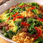 Delicious beef ramen noodles stir fry with vegetables and spices