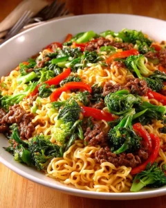 Delicious beef ramen noodles stir fry with vegetables and spices