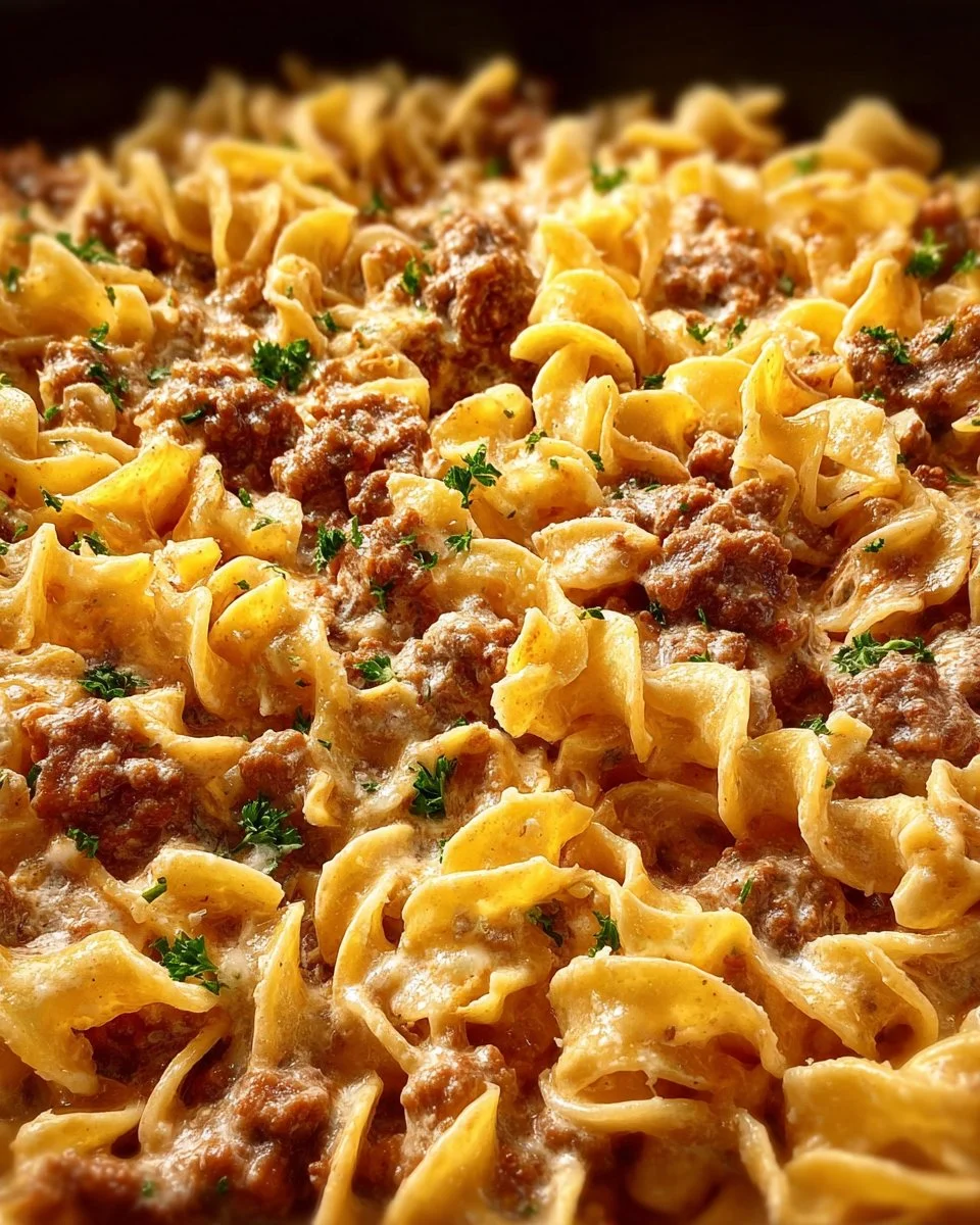 Beef Stroganoff Pasta Casserole topped with herbs and cheese in a baking dish.