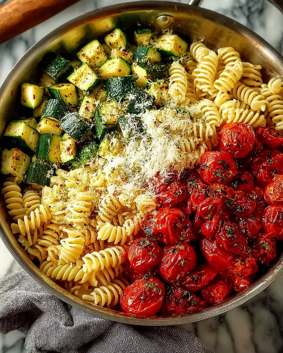 Delicious homemade tomato zucchini pasta with fresh herbs and vegetables