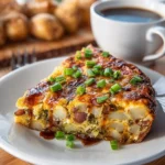 Delicious breakfast potato casserole topped with cheese and herbs