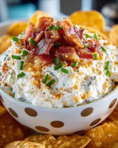 Bowl of Cheddar Bacon Ranch Dip with fresh vegetables and chips