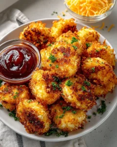 Delicious crispy cheese chicken nuggets served with dipping sauce