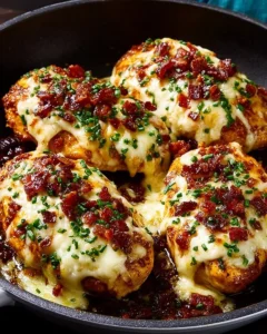 Cheesy bacon ranch chicken dish topped with melted cheese and crispy bacon.