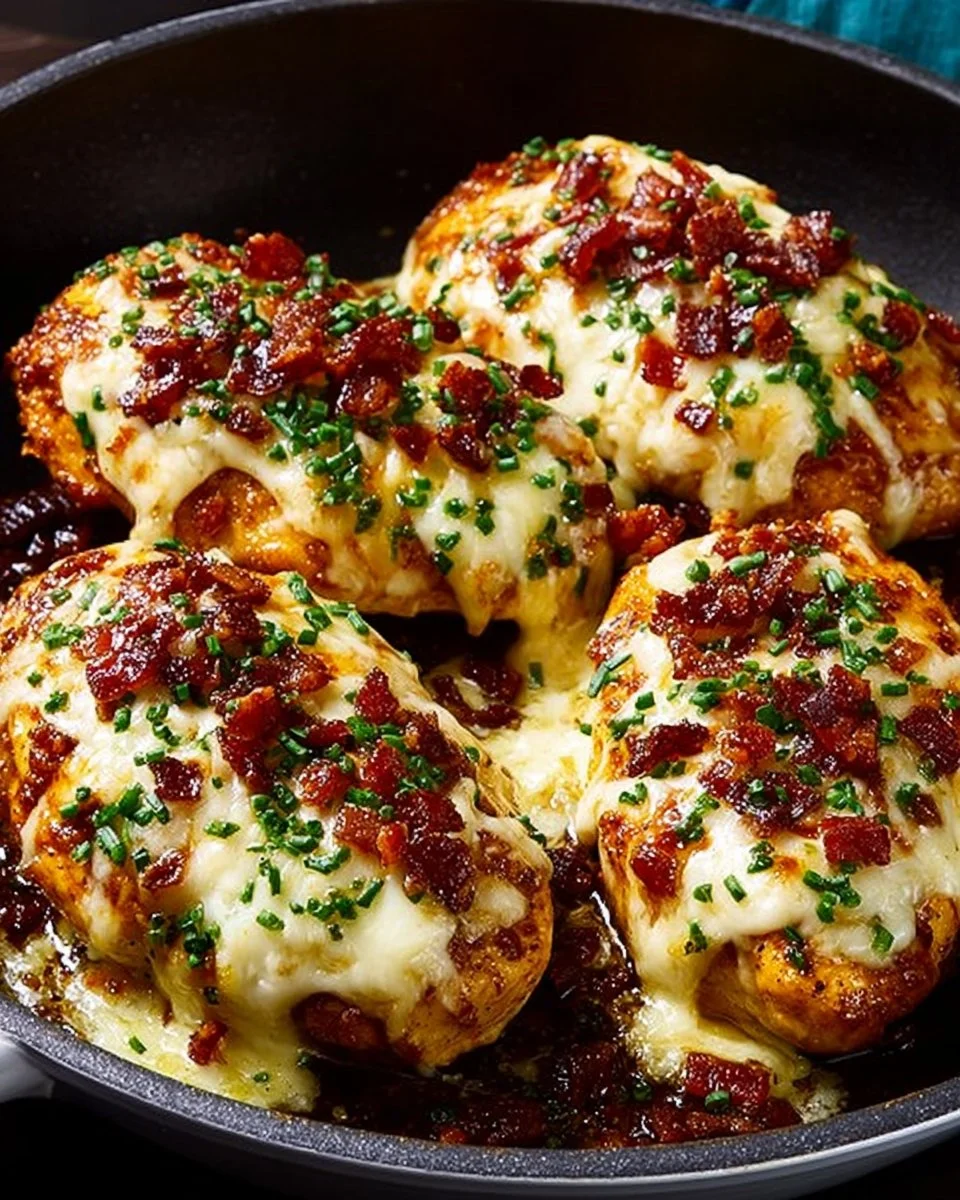 Cheesy bacon ranch chicken dish topped with melted cheese and crispy bacon.