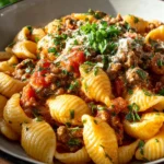 Cheesy Beef and Shells dish served in a bowl with melted cheese and pasta shells.