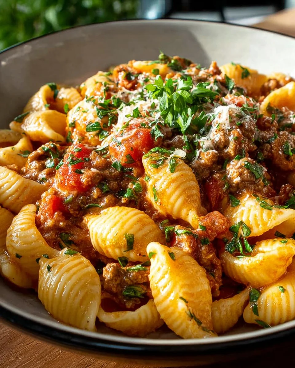 Cheesy Beef and Shells dish served in a bowl with melted cheese and pasta shells.