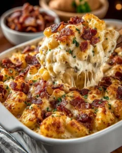 Delicious Cheesy Chicken Bacon Ranch Casserole topped with crispy bacon and cheese