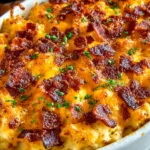 Delicious Cheesy Crack Chicken Casserole topped with melted cheese and herbs