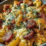 Cheesy ranch potatoes topped with smoked sausage, a delicious side dish