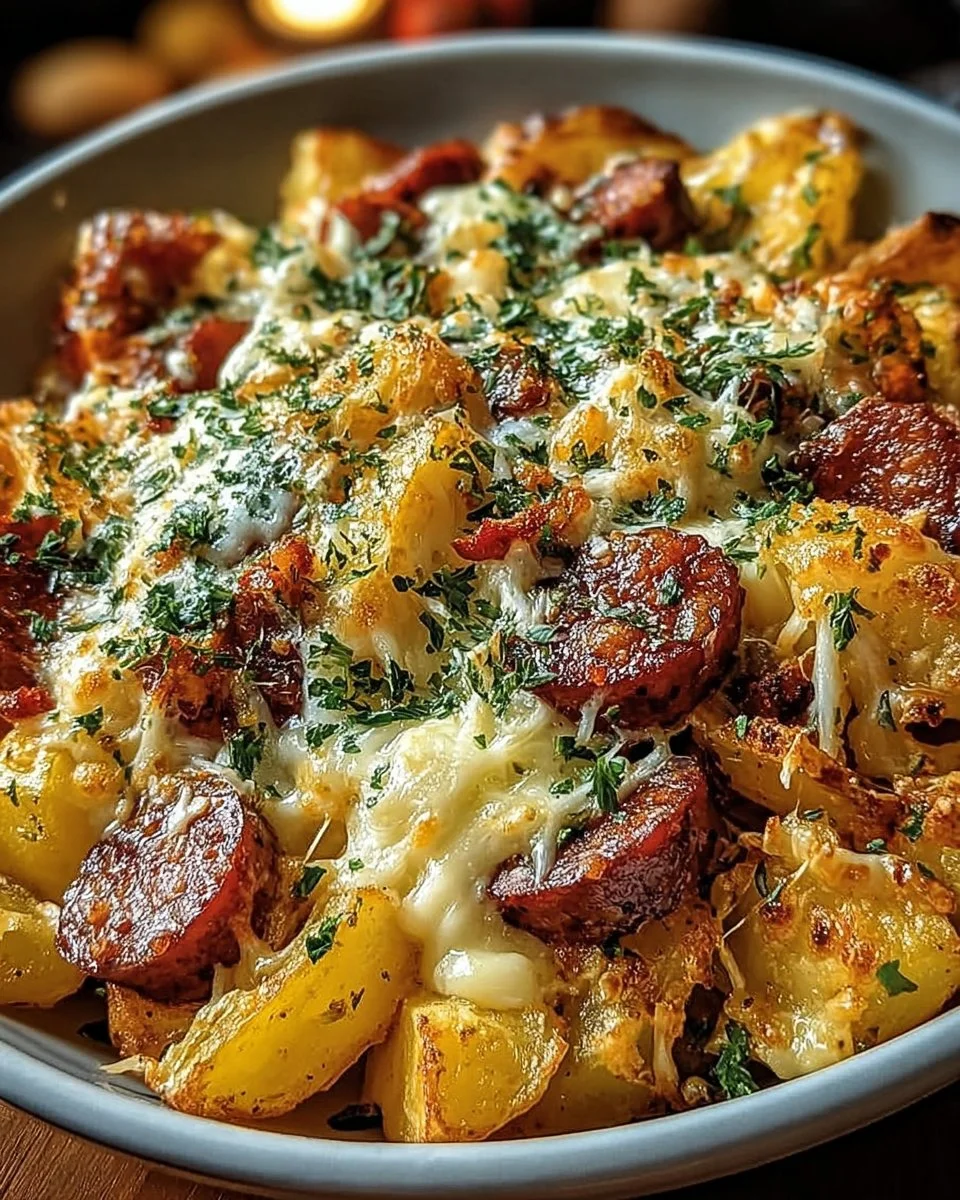 Cheesy ranch potatoes topped with smoked sausage, a delicious side dish