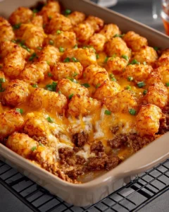 Cheesy Tater Tot Casserole with melted cheese and crispy tots
