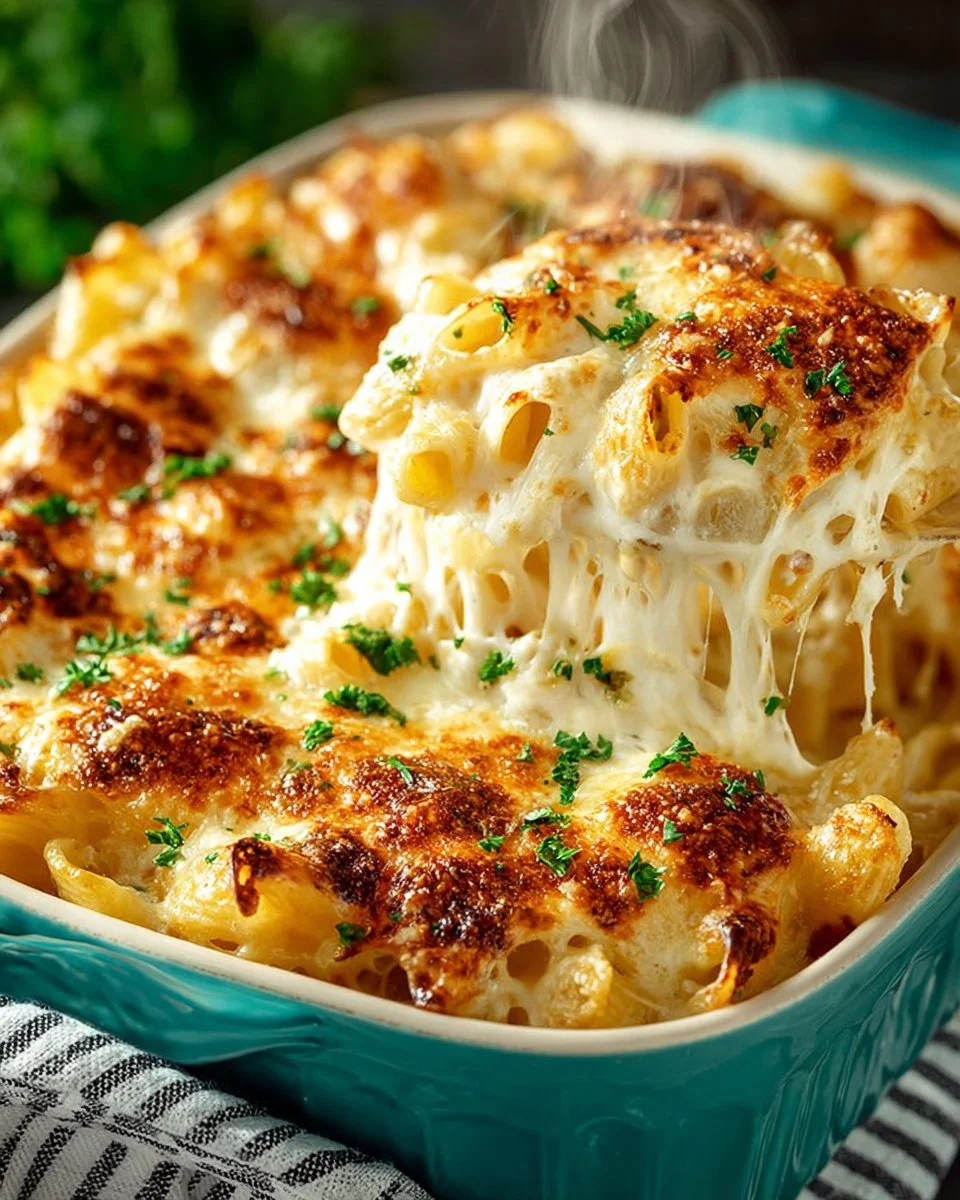 Delicious Chicken Alfredo Bake with creamy sauce and chicken