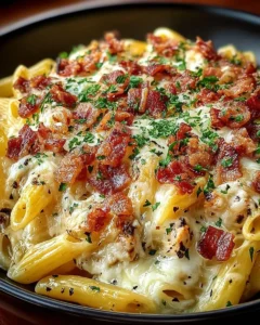 Creamy Chicken Bacon Ranch Pasta Bake topped with cheese and crispy bacon.