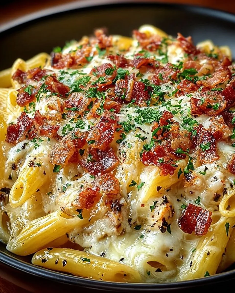 Creamy Chicken Bacon Ranch Pasta Bake topped with cheese and crispy bacon.