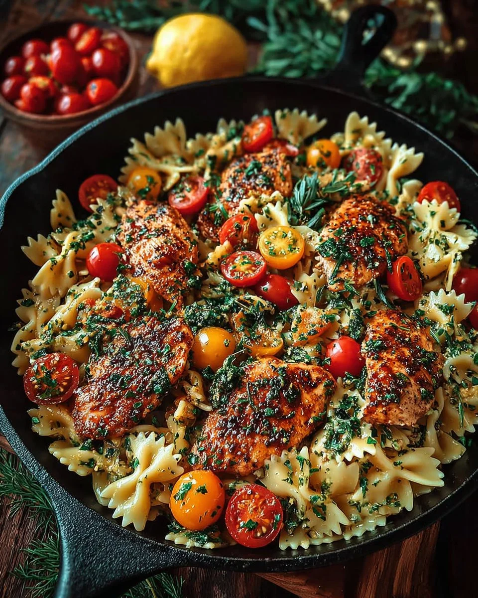 Creamy Chicken Feta Pasta with fresh herbs and vegetables