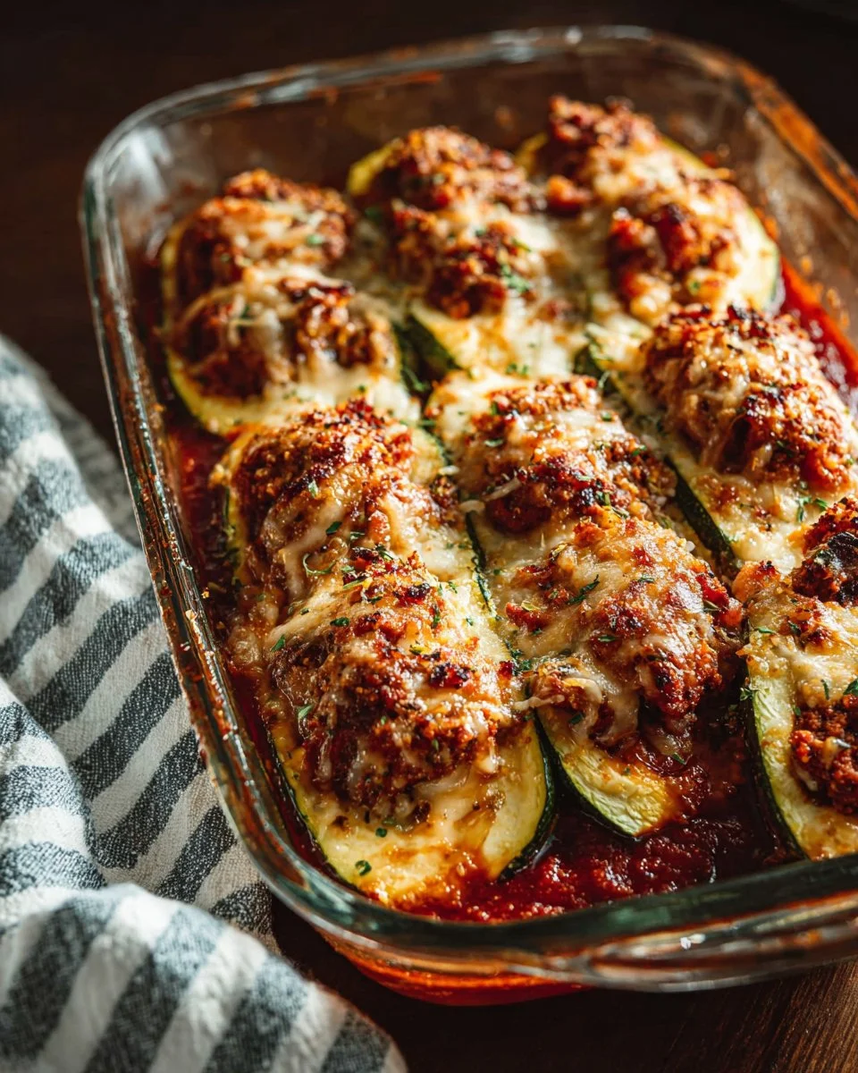 Chicken Parmesan zucchini boats topped with melted cheese and fresh basil