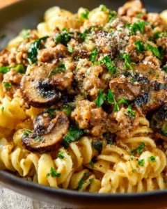Creamy Chicken Stroganoff served over noodles with garnishes