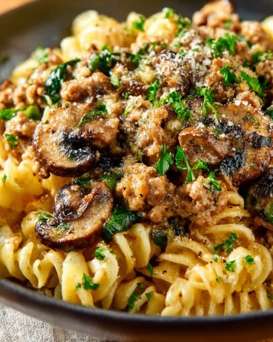 Creamy Chicken Stroganoff served over noodles with garnishes