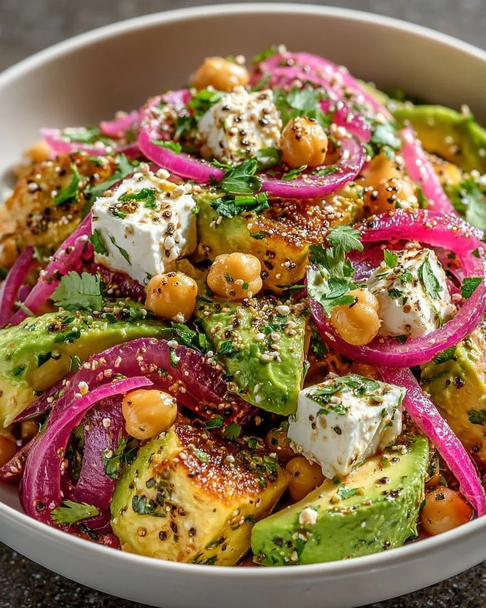 Chickpea Feta Avocado Salad in a bowl with fresh ingredients