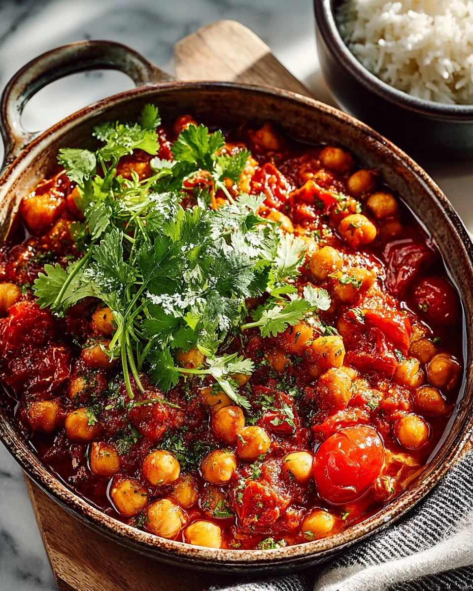 Bowl of chickpea masala garnished with herbs and spices