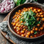 A bowl of chickpea masala garnished with cilantro, served with rice.