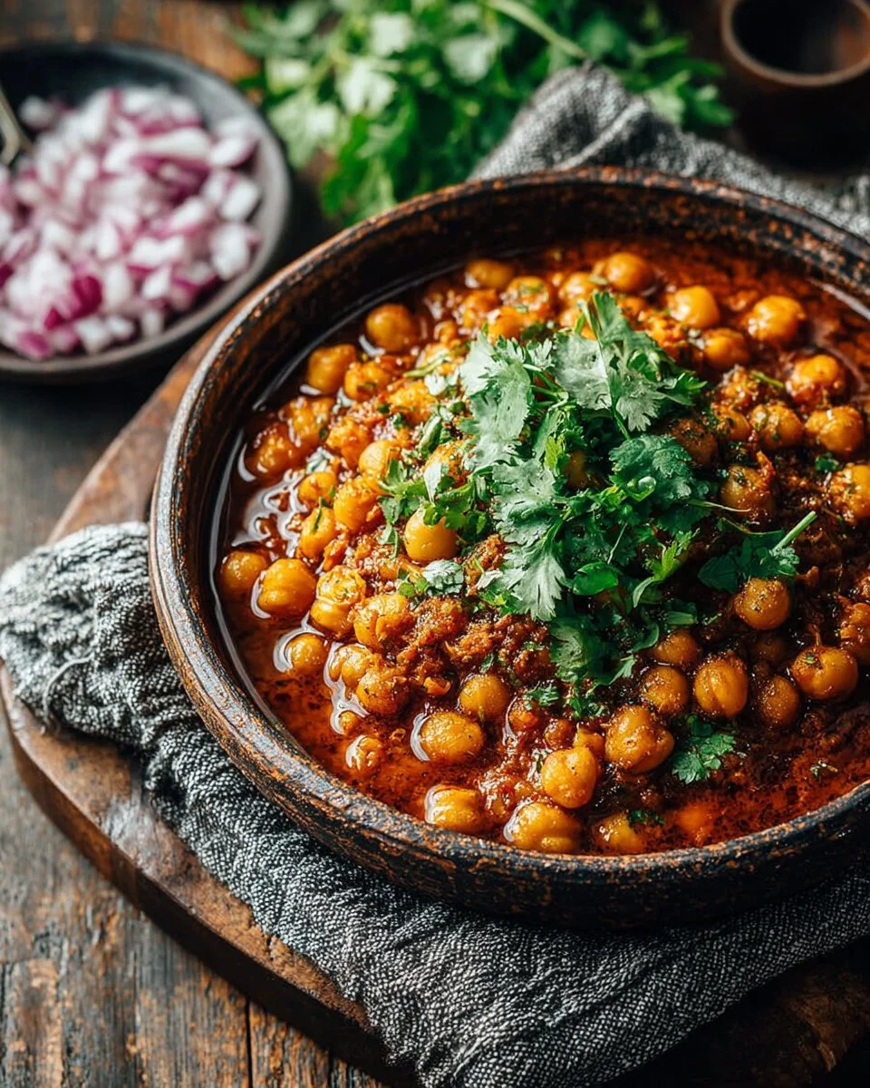 A bowl of chickpea masala garnished with cilantro, served with rice.