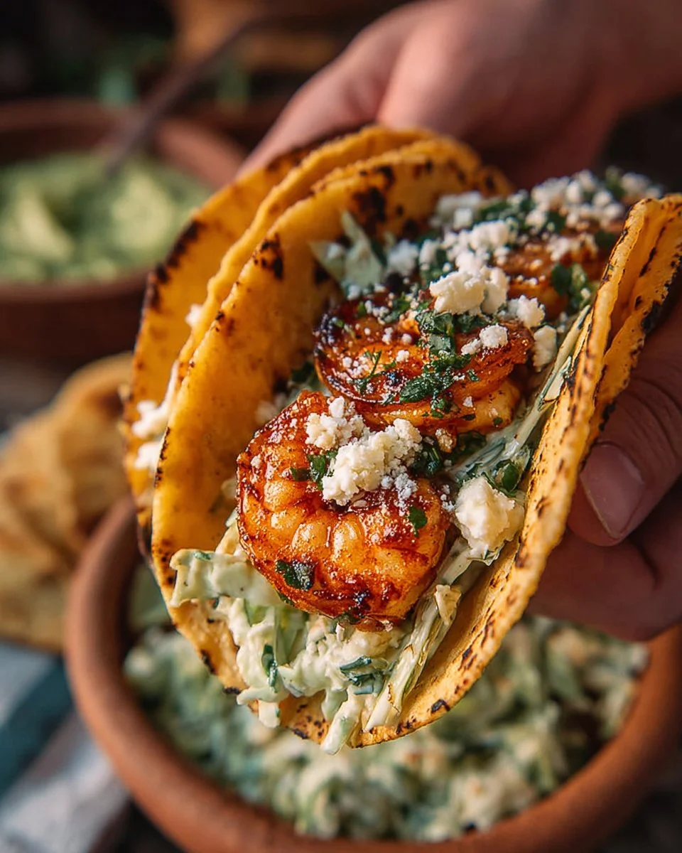 Cilantro Lime Shrimp Tacos topped with fresh ingredients and served on a plate