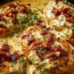 Creamy Bacon Chicken served on a plate with herbs and garnishes