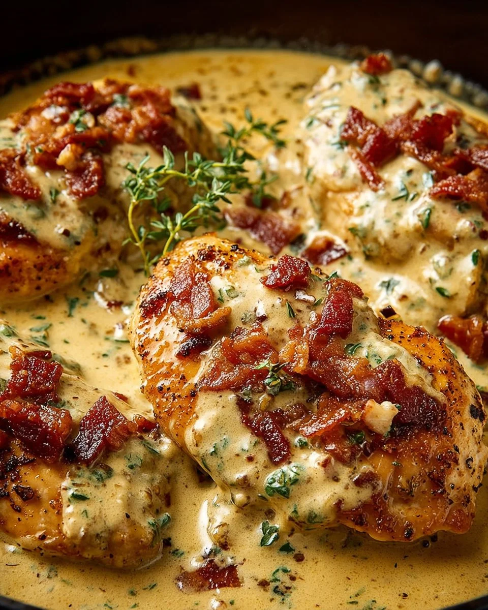 Creamy Bacon Chicken served on a plate with herbs and garnishes