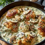 Creamy chicken mushroom dish served in a bowl with herbs