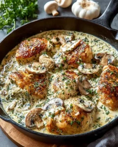 Creamy chicken mushroom dish served in a bowl with herbs