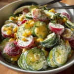 Creamy corn and cucumber salad in a bowl with fresh herbs