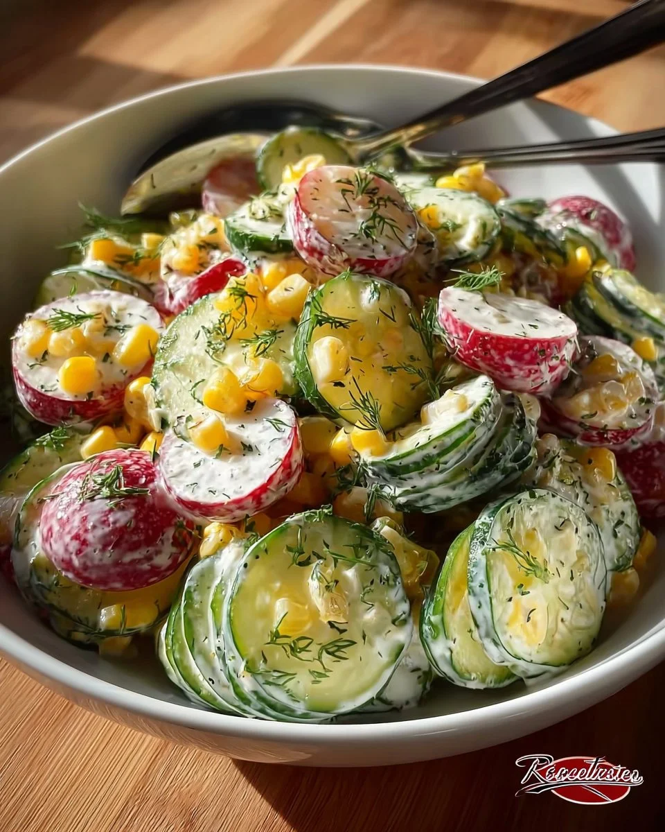 Creamy corn and cucumber salad in a bowl with fresh herbs