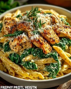 Creamy garlic parmesan chicken pasta dish with herbs and cheese