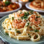Creamy garlic shrimp pasta dish garnished with parsley in a bowl