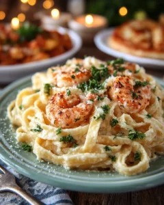 Creamy garlic shrimp pasta dish garnished with parsley in a bowl
