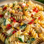 Bowl of creamy ranch chicken pasta salad with fresh vegetables and herbs