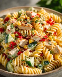 Bowl of creamy ranch chicken pasta salad with fresh vegetables and herbs
